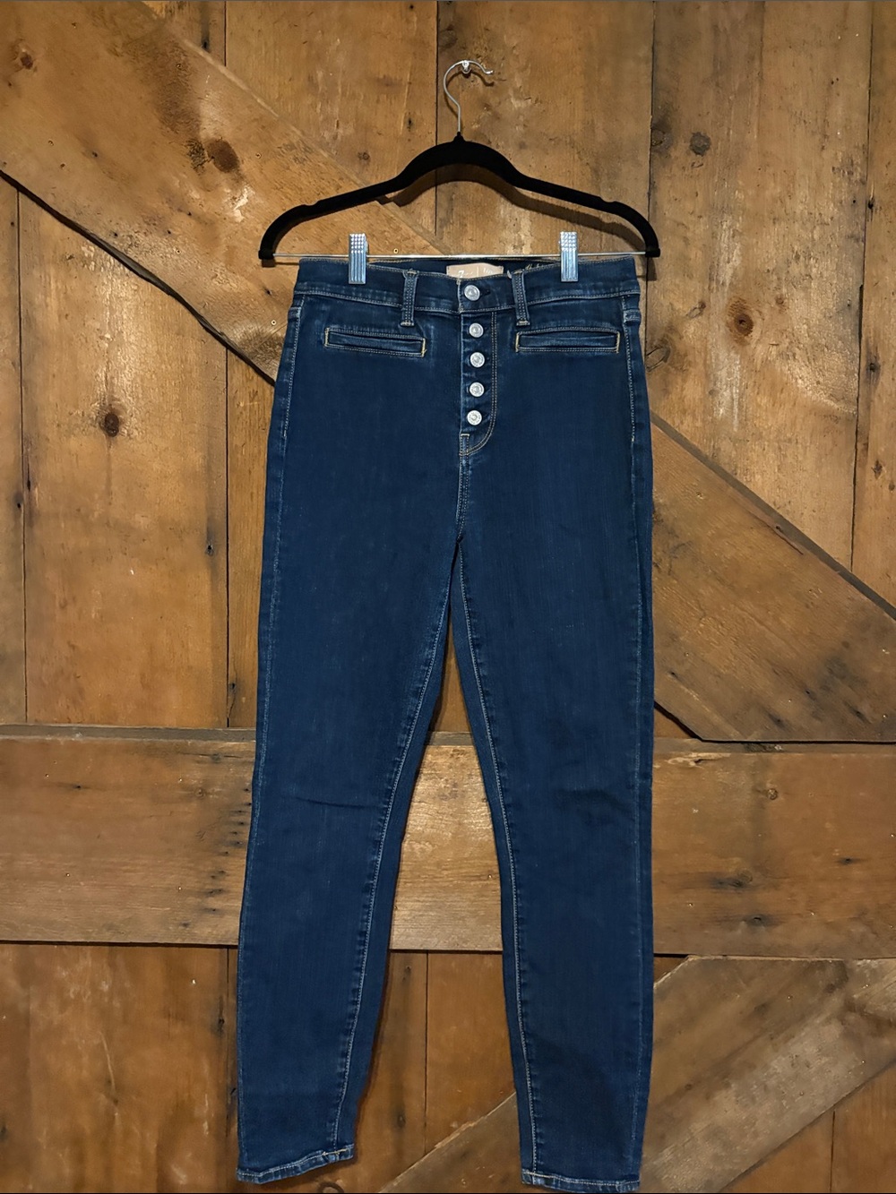 7 For All Mankind Dark Blue High-Rise Skinny Jeans with Button-Fly